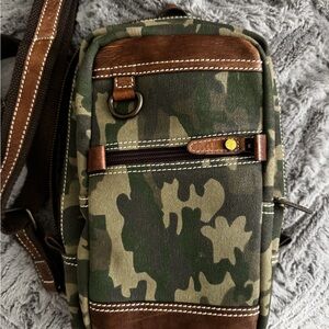 Scully Green Camo Crossbody Sling with Brown Trim